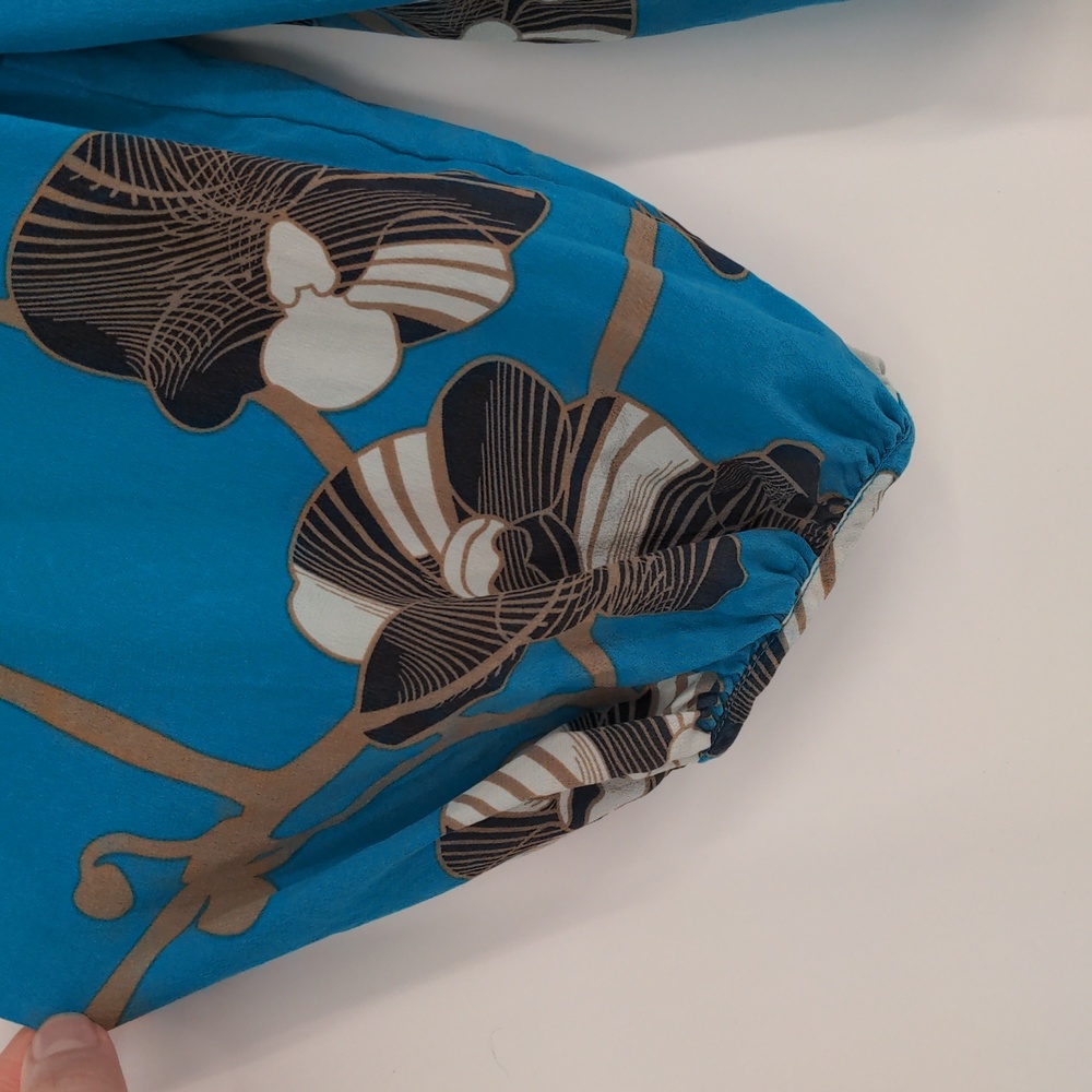 Diane Von Furstenberg Women's Size 12 Silk Turquoise Blouse Puff Sleeve Cahil - Picture 8 of 14